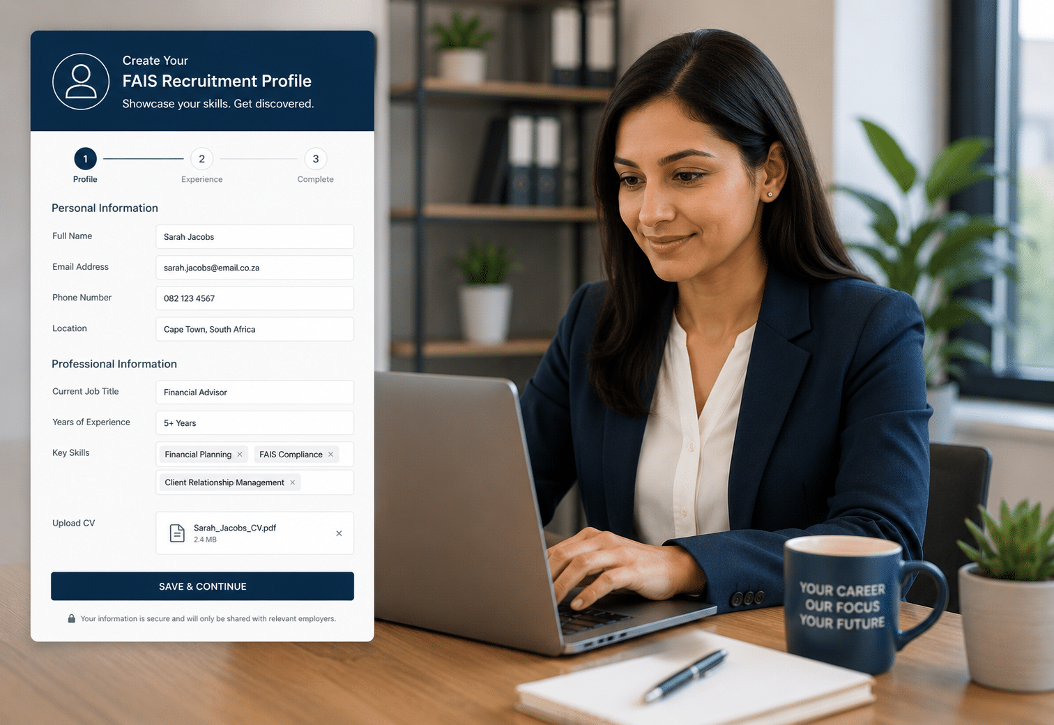 Candidate creating a FAIS recruitment profile
